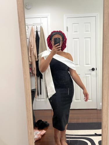 Customer photo review of Elegant Evening Look One Shoulder Bandage Bow Stretch Midi Dress