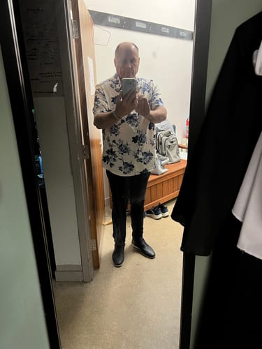 Customer photo review of Men's Blue Floral Print Cotton Beach Holiday Button Up Short Sleeve White Lapel Hawaiian Shirt