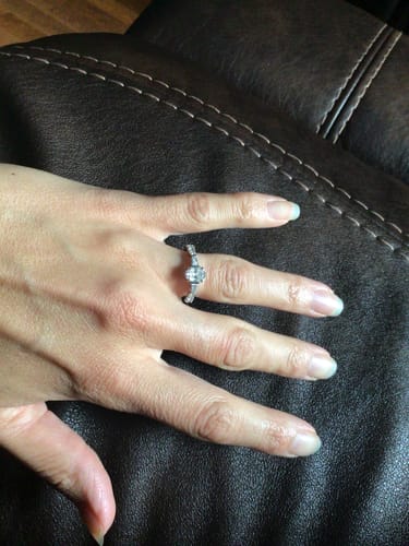 Customer photo review of Three Stone Oval Moissanite And Tapered Baguette Pave Engagement Ring