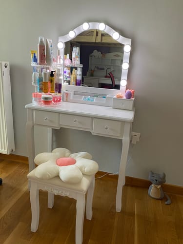 Customer photo review of Τραπέζι Μπουντουάρ Μακιγιάζ Μέικ-απ με Σκαμπό Τουαλέτας Κρεβατοκάμαρας Καθρέφτης Λευκό με Φωτισμό LED Ρυθμιζόμενη Φωτεινότητα RD-T170W01