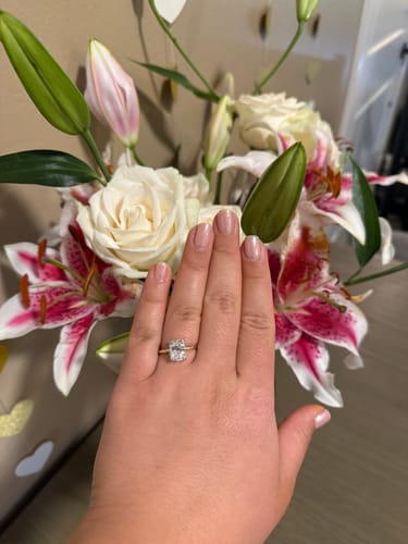 Customer photo review of 3.18 Carats Lab Grown Elongated Cushion Cut Two Tone Solitaire Hidden Halo Diamond Engagement Ring