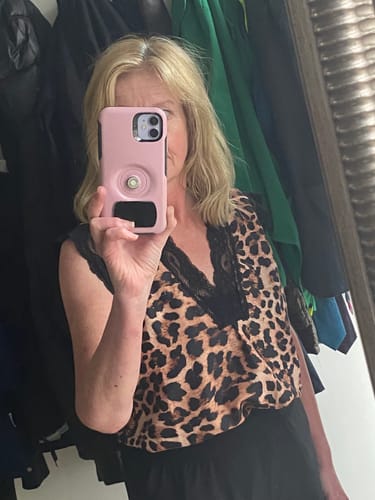 Customer photo review of Debra Camel Leopard Print Lace Trim Top