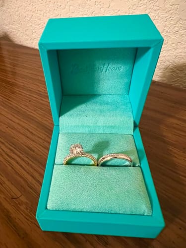 Customer photo review of Hidden Halo Round Moissanite Pave Two Tone Engagement Ring