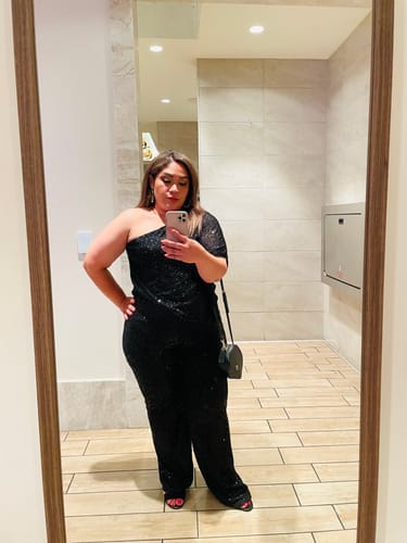 Customer photo review of Rebecca Black One Sleeve Sequin Jumpsuit