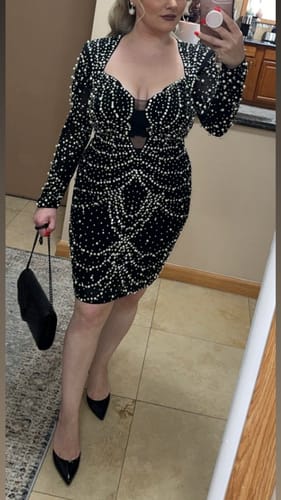 Customer photo review of Leslie Rhinestone Pearl Mini Dress - Black