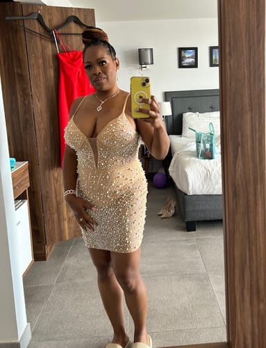 Customer photo review of Mabilia Nude Pearl Rhinestone Mini Dress