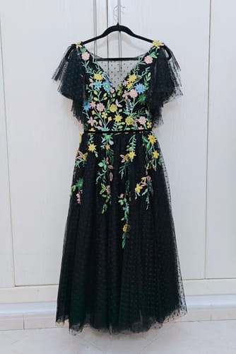 Customer photo review of V Neck Floral Embroidery Midi White Dress with Sleeves