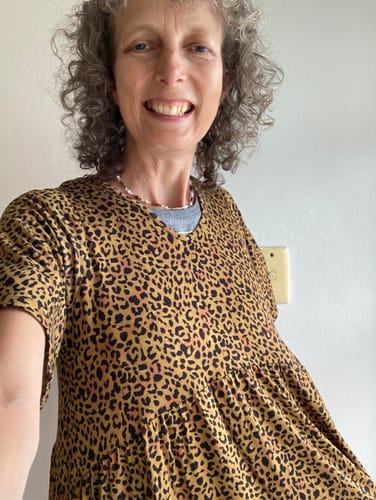 Customer photo review of Donna Stretchy Frill Sleeve T-Shirt Dress - Wild Leopard Print