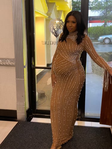 Customer photo review of Emiliana Rhinestone Pearl Maxi Dress - Brown