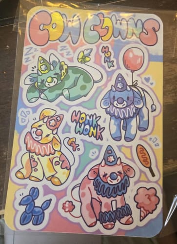 Customer photo review of Cow Clown Sticker Sheet