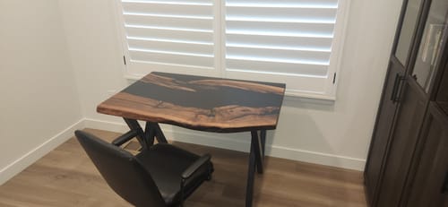 Customer photo review of Desk with Monitor Riser and Metal Leg - Live Edge Black Epoxy Desk