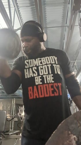 Customer photo review of Iron Addicts "Somebody Has Got To Be The Baddest" Tee Shirt