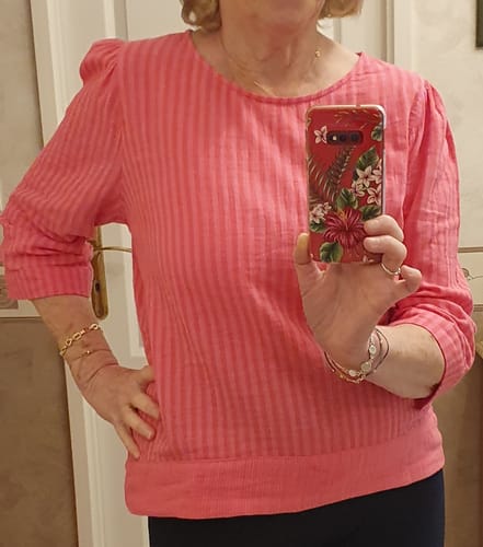 Customer photo review of Blouse Eulalie manches 3/4 - double gaze de coton rayure fushia