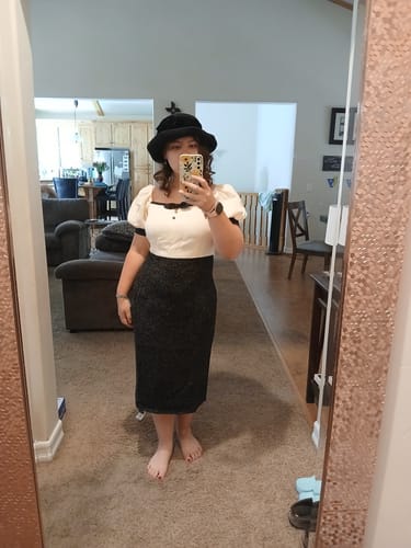 Customer photo review of Black & Beige 1960s Puff Sleeve Pencil Dress