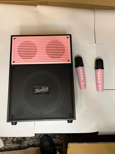 Customer photo review of Moukey カラオケマシン、ストラップ付きポータブルBluetooth PAシステム、大人用子供用ギフトアイデア、ディスコライト&エコー/高音/低音調整付き小型パーティースピーカー、TWS/AUX/USB/TF/FM対応 - MPS4ピンク