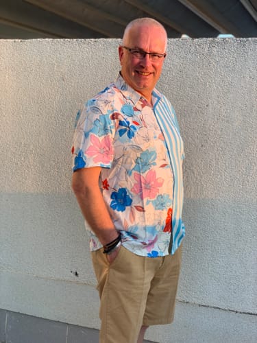 Customer photo review of Men's Floral Blue Striped Print Vacation Summer Short Sleeve Beach Button Up Shirt