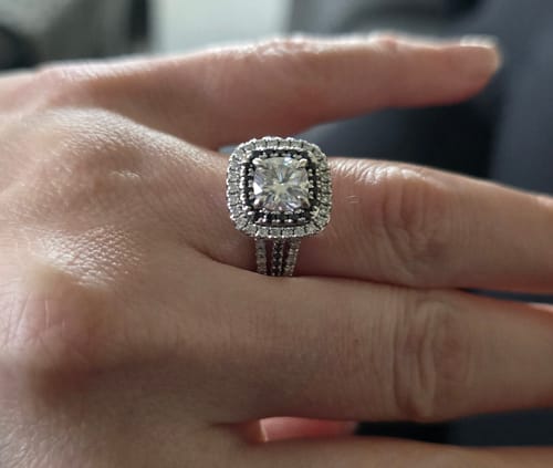 Customer photo review of Double Halo Moissanite Split Shank Pave Engagement Ring