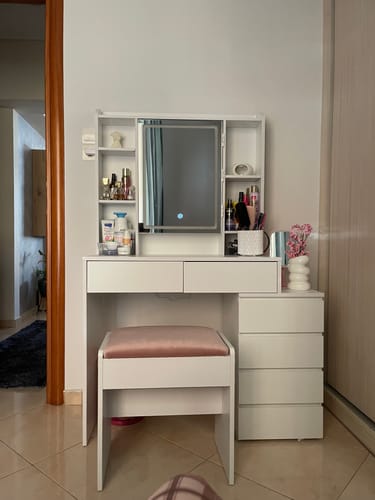 Customer photo review of Τραπέζι Μπουντουάρ Μακιγιάζ Tουαλέτας Με Σκαμπό Κρεβατοκάμαρας Καθρέφτης Με Ντουλάπι Λευκό με Φωτισμό LED Ρυθμιζόμενη Φωτεινότητα RD-T125W01