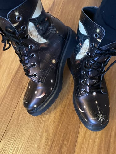 Customer photo review of Midnight Cat Boots - Vegan Leather Doc-Style Boots with Durable Stitched on Soles