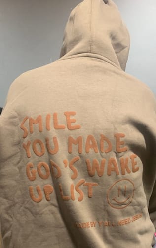 Customer photo review of "SMILE" Premium Puff Hoodie | Mocha Monochromatic
