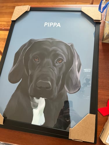 Customer photo review of Pet Portrait. Custom Pet Portrait, Pet Memorial, Pet Gift, New Pet Gift, Watercolor Pet Portrait, Digitally Mastered Digital effect (Size/Frame Color: 18"x24"/Black, Number of Pets: One Pet, Personalization: Pippa)