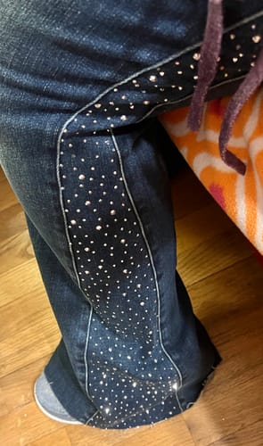 Customer photo review of Judy Blue Mid Rise Rhinestone Side Panel Detail Flares