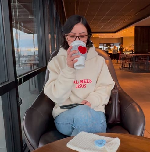 Customer photo review of "SMILE" Premium Puff Hoodie | Cream & Red