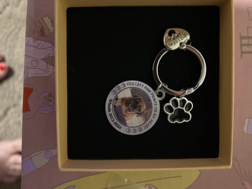 Customer photo review of Custom Personalized Photo Keychain Pet Charm Key Ornaments - Memorial Gift for Dog/Cat Lovers - You left paw prints on my heart