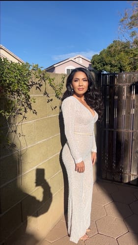 Customer photo review of Elektra V Neck Pearl Sequin Jumpsuit - Cream