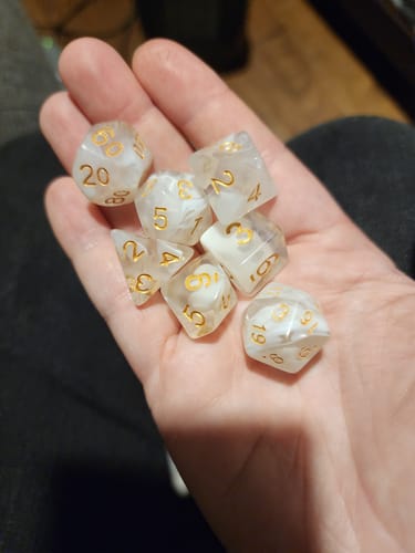Customer photo review of Lost Memories - 7 Piece DnD Dice Set | Acrylic RPG Gaming Dice