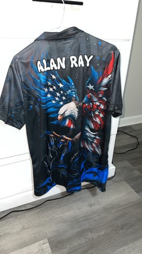 Customer photo review of Maxcorners Bowling Ball & Pins Almighty American Eagle Multicolor Customized Name 3D Polo Shirt (4 Colors)