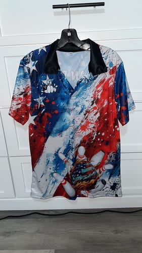 Customer photo review of Maxcorners USA Flag Graffiti Bowling Jersey Personalized Name, Team Name 3D Shirt