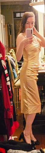 Customer photo review of Jawbreaker Wiggle Dress in Champagne Rose Laminate - Vixen by Micheline Pitt