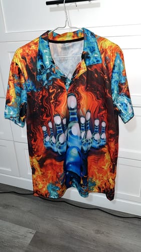 Customer photo review of Maxcorners Fire Power Pattern Bowling Jersey Personalized Name, Team Name 3D Shirt