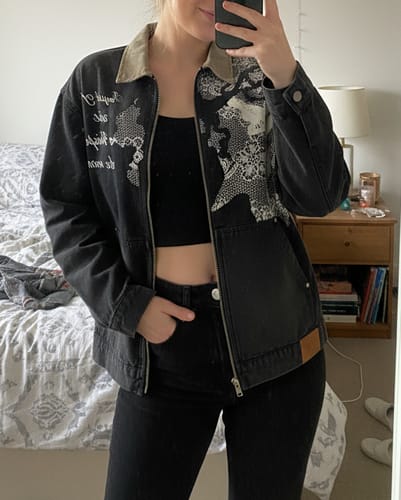 Customer photo review of Vintage Lace Patchwork Angel Pattern Denim Jacket