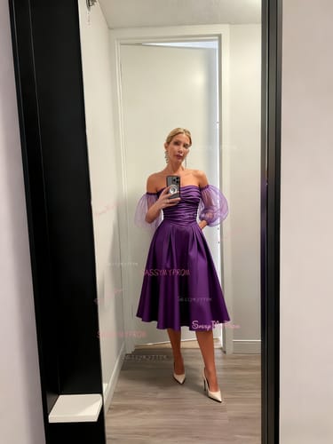 Customer photo review of Off The Shoulder Puffy Sleeves Purple A Line Prom Dress