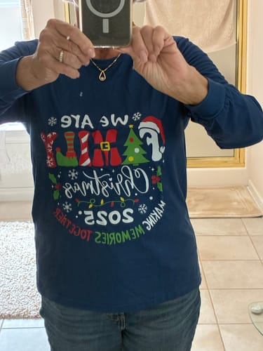 Customer photo review of "We are Family" 2025 Christmas Wreath - Blue Long Sleeve Top with Blue & Red Plaid Family Matching Pajamas