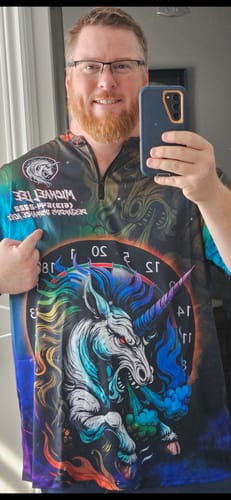 Customer photo review of Maxcorners Darts Unicorn Magic Smoke DartBoard Design Personalized Name, Team Name Shirt For Kerry