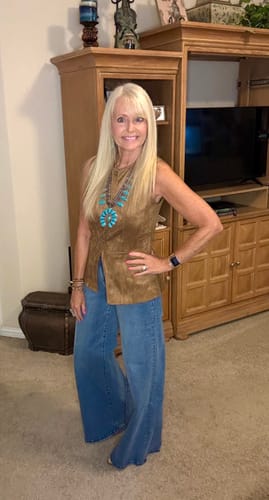 Customer photo review of SSYS Sage Suede Inverted Vest In Tan