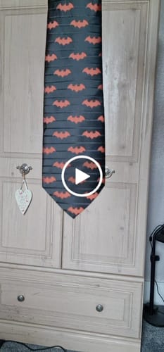 Customer video review of Barry. Wang Bat Tie Jacquard Orange Bat Black Novelty Necktie Hanky Cufflinks Set