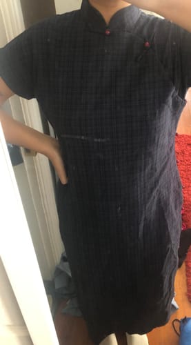 Customer photo review of Tang Mi 糖蜜 Molasses Republic of China Navy Plaid Pure Cotton Short Sleeve Qipao