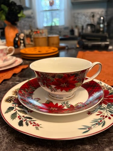 Customer photo review of Poinsettia Pine Cone Fine Porcelain Tea Cup and Saucer