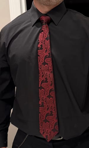 Customer photo review of Burgundy on Black Paisley Tie