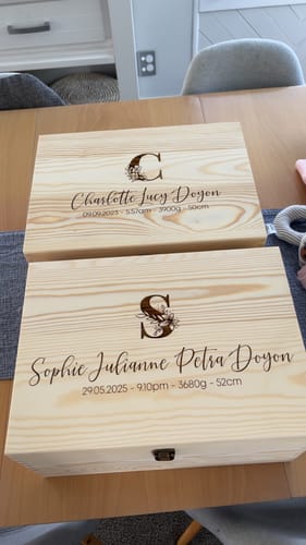 Customer photo review of Floral Monogram with birth details Engraved Pine Box