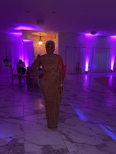 Customer photo review of Emiliana Rhinestone Pearl Maxi Dress - Brown