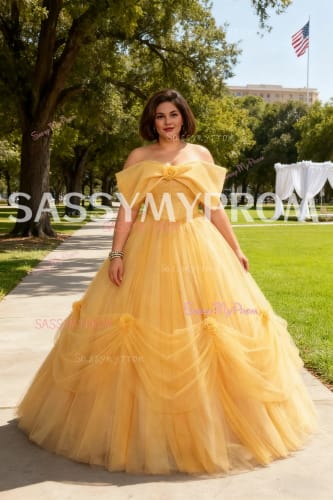 Customer photo review of A-Line Yellow Tulle Long Off the Shoulder Prom Dress