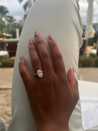 Customer photo review of 3.50 Carats Lab Grown Oval Cut Micropaved Side Stones Hidden Halo Diamond Engagement Ring