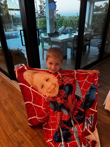 Customer photo review of Customized Superhero Blanket - Personalized Name and Photo Spider-Man Themed Flannel Blanket - A Gift For Children,Grandchildren,Students