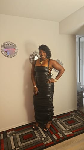 Customer photo review of Vicksburg Faux Leather Ruched Maxi Dress