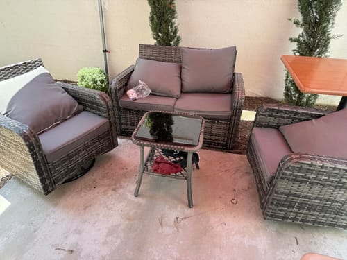 Customer photo review of HOMREST 6 Piece Patio Conversation Sets with Sofa Couch, Rattan Wicker Swivel Chairs with 2 Ottoman, Coffee Table & Cushions, Grey